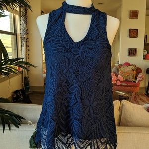 Francesca's Key Hole Blue Lace Sleeveless Blouse